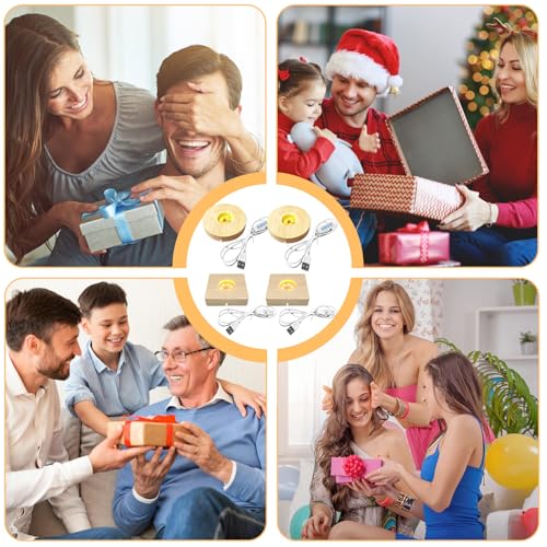 6 Stück LED Holzsockel, 3 Rund + 3 Rechteck Holzbeleuchtung Einstellbar Holz LED Lichtsockel, 3 Farben Holz Leuchten Ständer USB led-lichter sockel für Kristallkugeln, Glas, Schmuck, Acryl und Harz