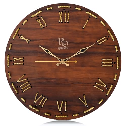 Image of Wooden Round Shape Roman Dial Wall Clock with Golden Hand & Golden Zari Rope Detailing | Stylish Silent Quartz Movement Anti Reflection Analog Vintage Clock for Home (Brown, 15.5 Inch)