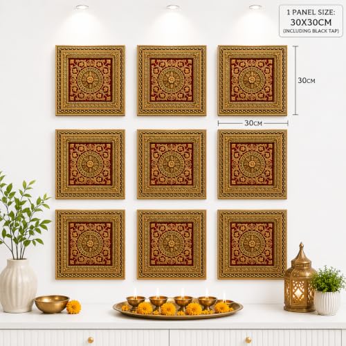 Image of SATYAM KRAFT 9 Piece Ganpati Bappa Backdrop Wall Panels (9 pcs Set) | 30 x 30 CM Each Panel | 90 x 90 CM DIY Mandap Background | 9 Panels | Includes Double-Sided Tape (Red)