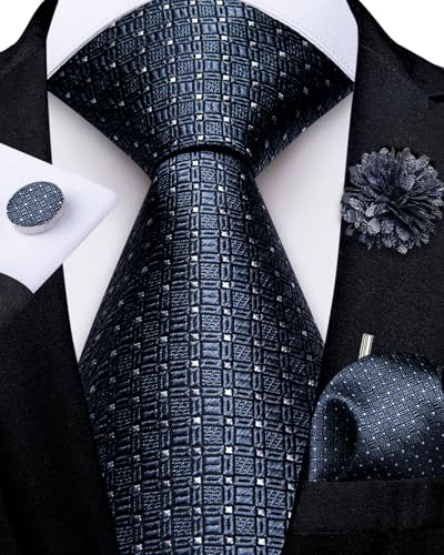 Image of DiBanGu Mens Zipper Tie Silk Pre-Tied Necktie with Gift Box | Jacquard Woven,Paisley Solid Plaid Pattern,6PCS with Pocket Square,Cufflinks and Lapel Pin,for Wedding Party Formal Business