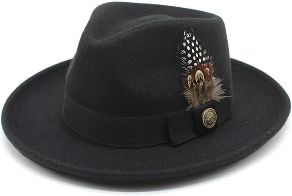 Classic Wool Fedora Hat with Feather, Black