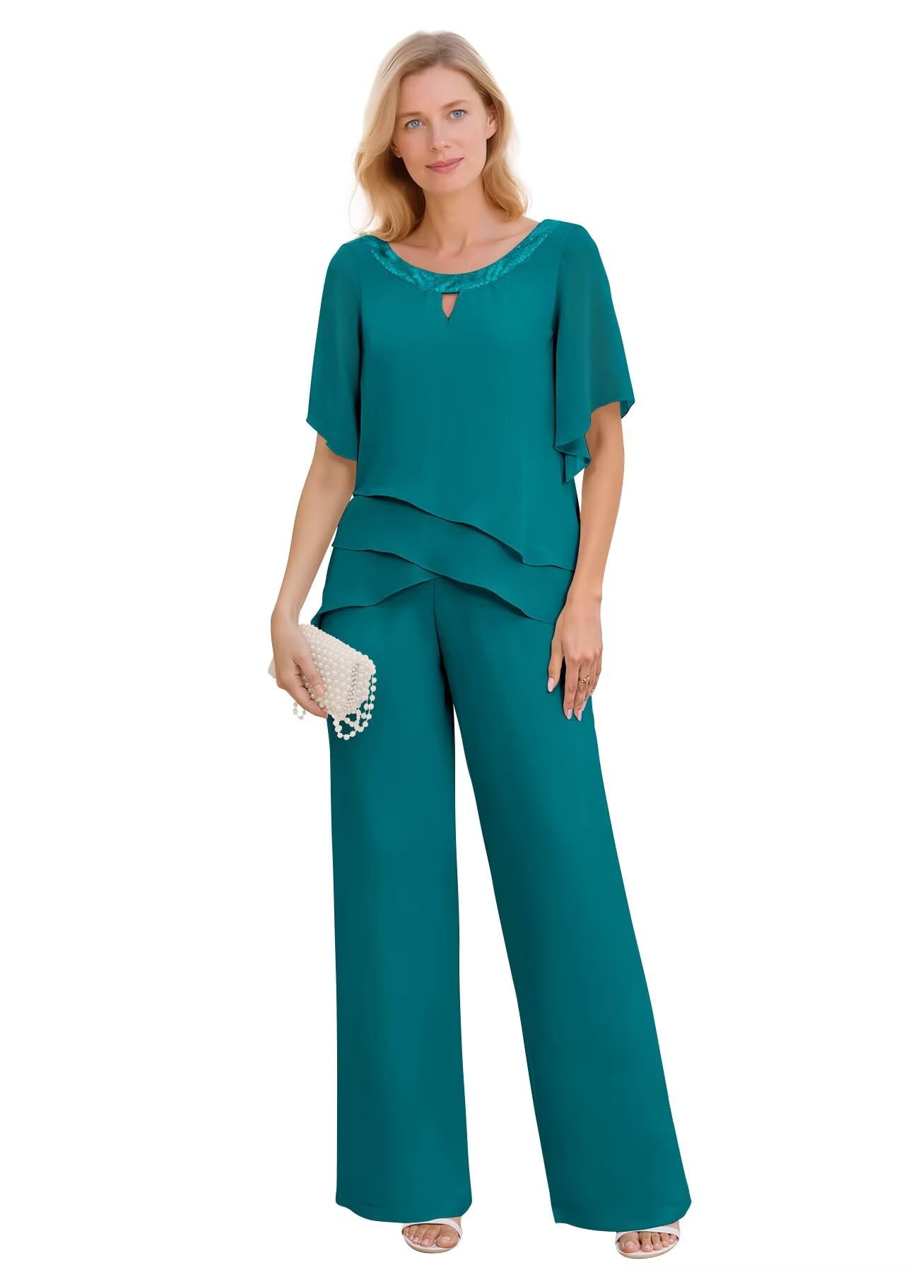2 Piece Mother of The Bride Pant Suits Women Short Sleeve Pants Suits Sequin Chiffon Dressy Pantsuit for