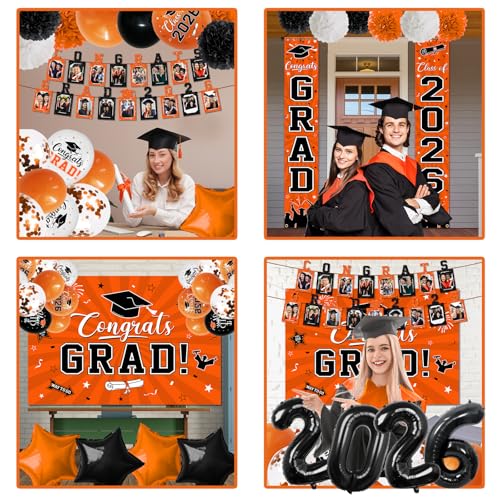 Image of 2026 Graduation Decorations, Orange Themed Class of 2026 Decorations Set, Congrats Grad Backdrop, Photo Banner, Door Banner, Balloons and Pom Poms Supplies for High School College Graduation Party