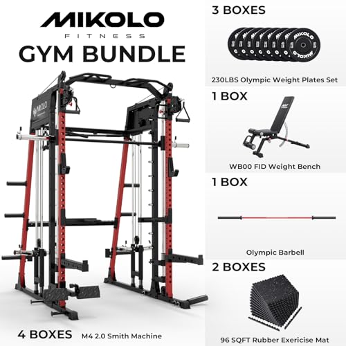 Image of Mikolo M4 2.0 Smith Machine, 2200lbs Squat Rack with LAT-Pull Down System & Cable Crossover Machine, Training Equipment with Leg Hold-Down Attachment