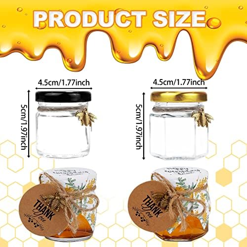 Loyaboho Mini Glass Honey Jars,1.5 oz 20 pack Honey jar with Wood Dipper, Gold Lids and Black Lids, Bee Pendants, Jutes,Mini jars Perfect for Baby Shower,Wedding Favors, Party Favors