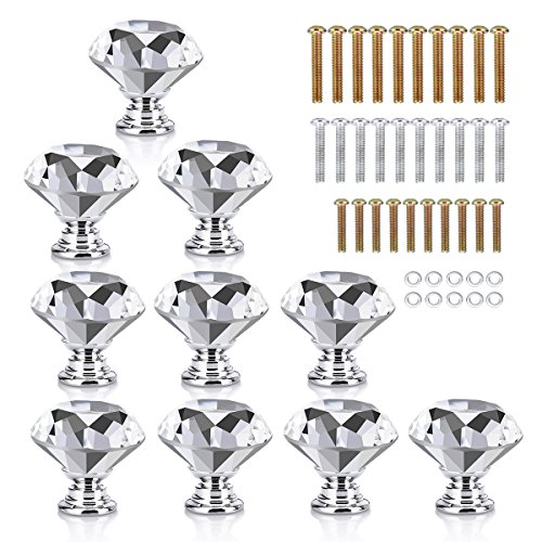 HOMEIDEAS 10PCS 30MM Crystal Drawer Knobs Glass Cabinet Knobs Diamond Shaped Drawer Pulls Handle for Home, Cabinet, Cupboard and Dresser, 3 Size Screws