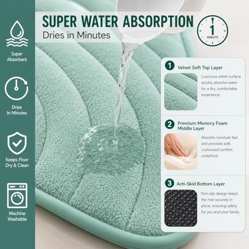 Image of Premium Memory Foam Bath Mat | 40x60cm Super Absorbent Velvet Bathroom Rug | Non-Slip Machine Washable Floor Mat (Mint Green)