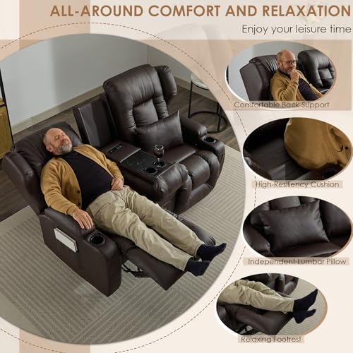 Image of SAMERY 67.6 inch Loveseat Recliner Sofa | Double Recliner Sofa & Console | Wall Hugger Loveseat Reclining RV Theater Seats | RV Couch Home Theater Seating Furniture (Faux Leather Brown)