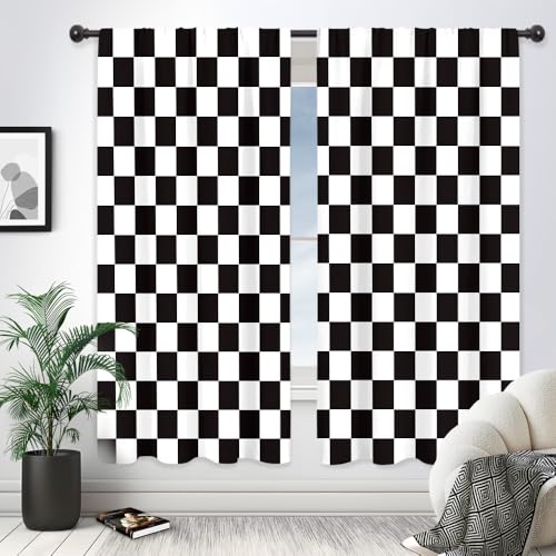 Checkered Black White Boys Abstract Car Living Room Bedroom Window Curtains
