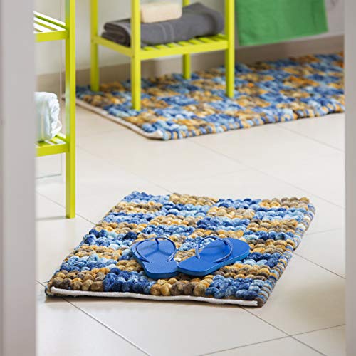 Relaxdays POPPY Blue Chequered Bathmat, Soft Tall Bath Rug, Non-Slip Bathroom Mat, Hand-Woven, 50 x 80 cm, Blue-Yellow