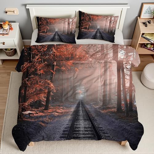 鉄道線路羽毛布団 3D楓林掛け布団 ド ソフト 冬 キルト オールシーズン被子ソフトふわふわマイクロファイバーウォッャブル 掛け布団暖かい ふわふわ 暖かい羽毛布団軽量 通気 羽根布団230x210cm + 2枚枕カバー・43X63cmTI3882