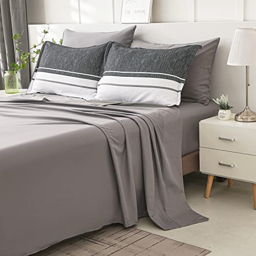 Flymme Striped Patchwork Bed In A Bag 7 Pieces, Black White Grey Stripe Pattern Full Size Comforter Set With Sheets, Soft Lightweight Bedding Sets Collections For All Season, (Black 80''X 90'') #TOP2