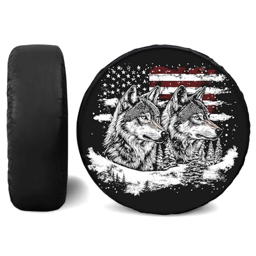 Image of Spare Tire Cover for RV Trailer, PU Leather Tire Cover Waterproof Sun Protection with USA Flag & Wolf Design, Fit for Trailers, RV, SUV, Off-Road Vehicle, Camper, and Trucks (15 inch)