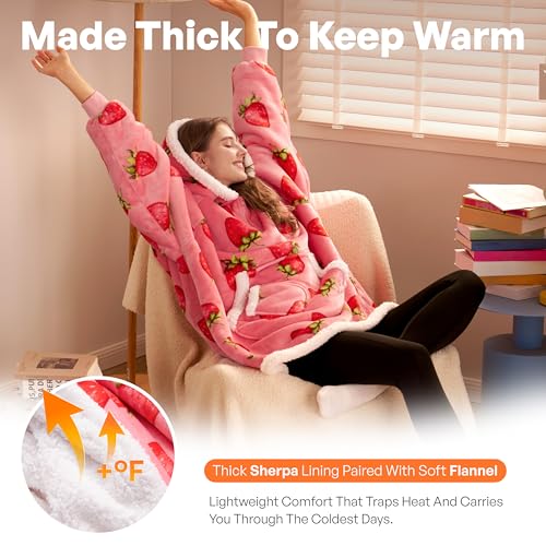 Image of Giggling Getup Wearable Blanket Hoodie for Adults Gifts for Teen Girls Sister Women Sherpa Fleece Printed Hooded Blanket Sweatshirt Warm Cozy with Pocket & Sleeves Pink Strawberry