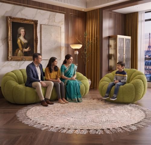 Image of CRAFTCITY Pumpkin Style Wooden Sofa | Contemporary Wool Sofa with Swen Pillow Back for Living Room (Lime Green, 4 Seater)