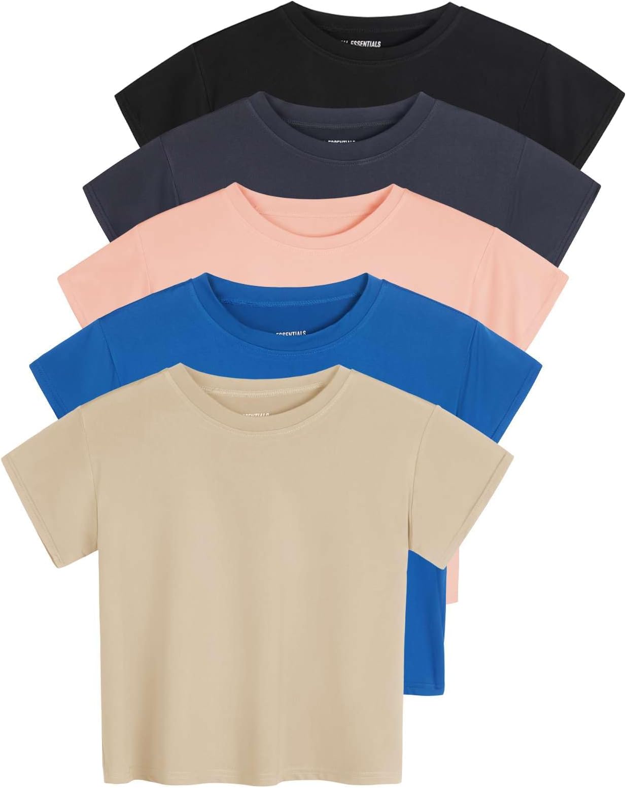 Real Essentials5 Pack: Women's Dry Fit Crop Top - Short Sleeve Crew Neck Stretch Athletic Tee (Available in Plus Size)