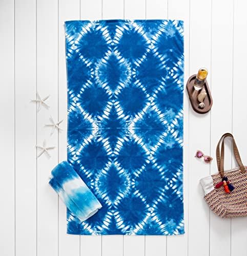 Welhome 100% Cotton Printed Beach 2 Piece Towel Set | Oversize Towels | Pool & Beach | Supersoft | Ultra Absorbent | Quick Dry | Machine Washable | Indigo Shibori & Tie Dye Stripe