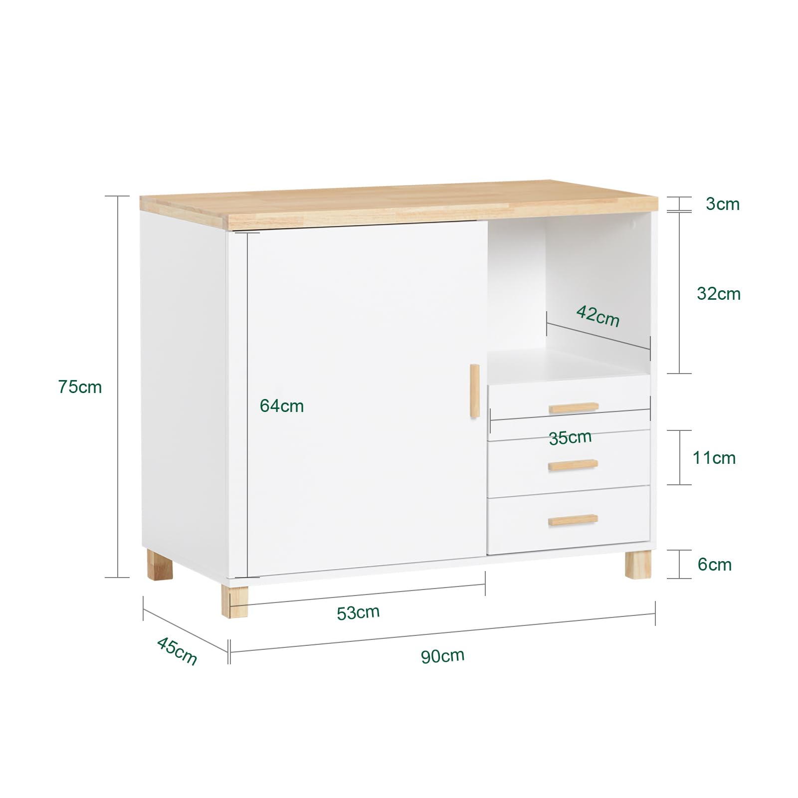 SoBuy Cassettiera Ufficio Mobiletto Salvaspazio con 3 Cassetti e 1 Vano Aperto Supporto Stampante Schedario da Ufficio Cassettiera da Scrivania Bianco e Naturale 90x45x75cm ASK07-WN