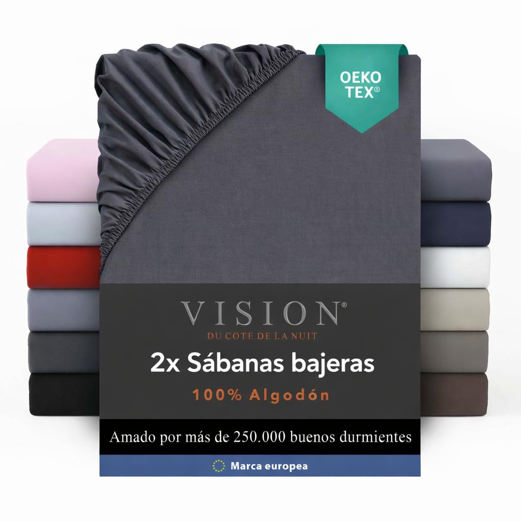 VISION Sábana Ajustable - 100% algodón - Cama Doble (150 x 200 cm) - Esquinas elásticas - Se Adapta a colchones de hasta 30 cm - Certificación Oeko-Tex - Lavable a máquina - Color: Blanco — view 24