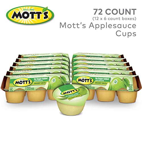Mott's No Sugar Added Granny Smith Applesauce, 3.9 Oz Cups, 72 Count (12 Packs Of 6), Good Source Of Vitamin C, No Artificial Flavors