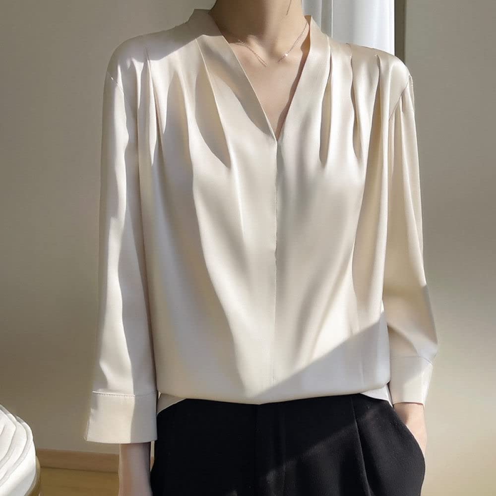 Haut Femme Chic Et Elegant,Chemisier En Satin De Soie Pour Femmes Élégant 3 4 Chemise À Manches Champagne Couleur Unie Col En V Plis Surpiqûres Pull Chemisier Lâche Tops Décontracté Bureau Mo