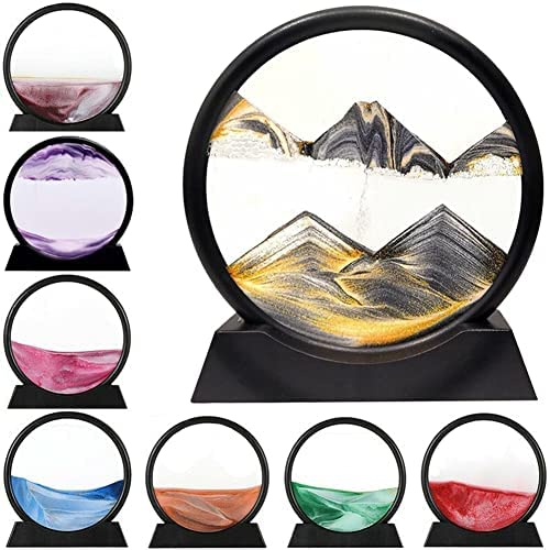 LINPING LINPING Fließendes Sandgemälde, bewegliches Sandkunstbild, rundes Glas, 3D-Tiefsee-Sandlandschaft in bewegter Anzeige,Sandrahmen, Heim- und Büro-Desktop-Dekorationen (Schwarz, 7 Zoll) - Detailansicht 8 | Tischdekoration