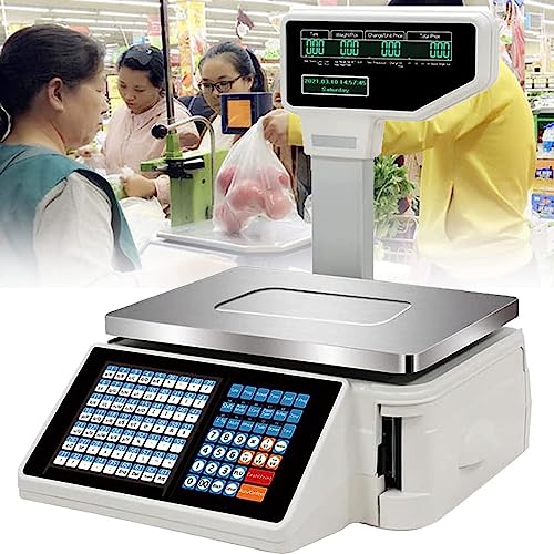 Electronic Weight Calculator Barcode Scales, Label Printing Scales, Digital Barcode Weighing Scales with Label, 63 Shortcut Keys, 30kg/66.14 lbs Capacity, for Supermarket Trade