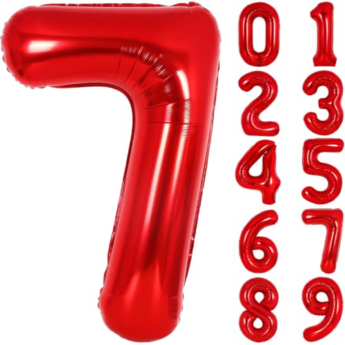 Image of Number Balloons Red Party Balloon - 40 Inch Large Number 7 Balloon, Numbers Balloon Birthday Decorations, Red Party Supplies for Anniversary