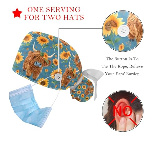 Image of 2 PCS Bouffant Cap with Button Ponytail Pouch Working Cap Sweatband Adjustable Surgical Cap Black and White Cow