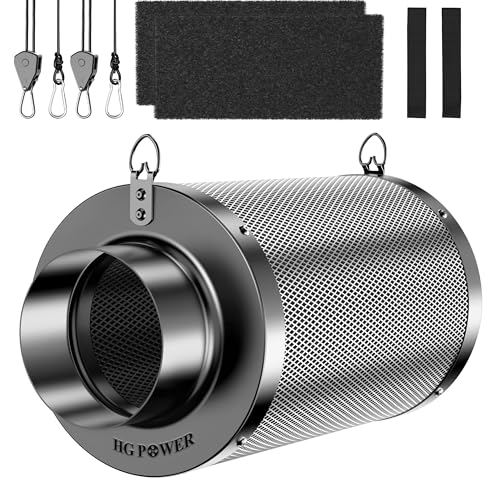 HG Power Filtro de carbón Activado 150mm, Longitud 250mm – Carbón Activado Virgen Australiano 38mm, Control de olores para Armario de Cultivo, hidroponía & Extractor de Aire, con 2 prefiltros