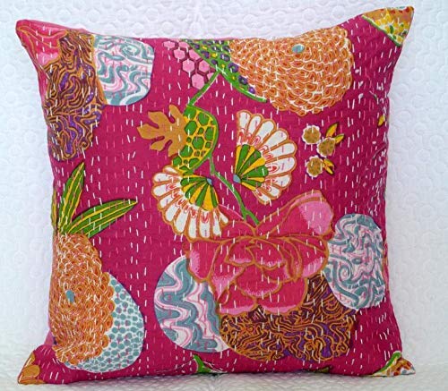 Image of Cotton Kantha Embroidery Cushion Cover (16x16-inches) (Set of 1, Pink)