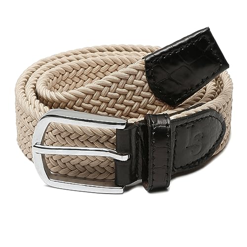 Image of LOUIS STITCH Men's Braided Elastic Stretch Belt with Leather Tipped End Stretchable Canvas Waist Band for Men Women Boys Girls Unisex (Width 3 cm) (BE-EL)