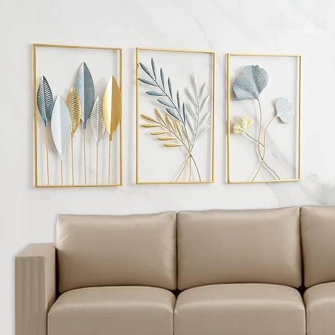 Brass Design Studio Gold Metal Wall Decor Leaf Wall Hanging Decoration, Art Sculpture Set For Living Room Bedroom Dining Room Office Restro