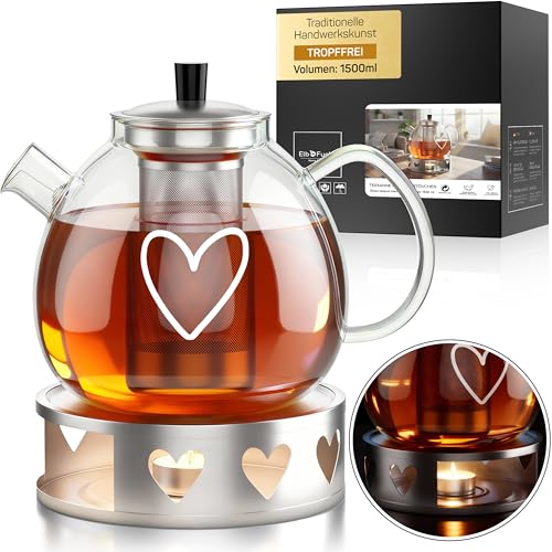 ElbFuchs® Teekanne Glas 1,5 Liter mit Herz, Siebeinsatz und Stövchen - Borosilikatglas - Glaskanne mit Edelstahl-Filter, tropffrei - Teezubereiter für losen Tee, Kräutertee und Teeblumen