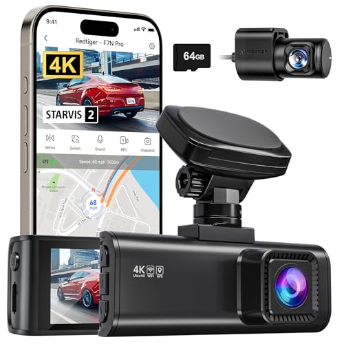 REDTIGER 4K Dash Cam Front and Rear, STARVIS 2 Sensor, 64GB Card Included, 4K/2.5K+1080P Dual Dash...