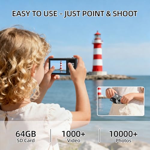 Image of Digital Camera for Kids & Beginners, 4K Digital Camera with 64GB SD Card 16X Zoom Anti-Shake, Compact Point and Shoot Camera with 2.8 inch Screen, Portable Small Camera for Students, Travel & Gifts Black