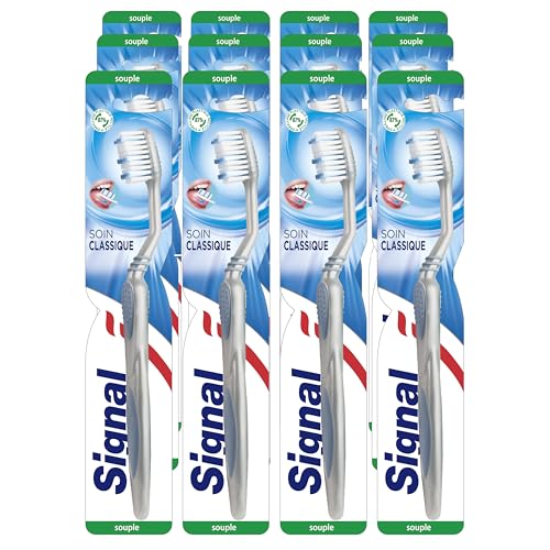 SIGNAL - Brosse à Dents Soin Classique - Filaments infusés au bicarbonate naturel pour un nettoyage en profondeur (lot de 12 brosses à dents)