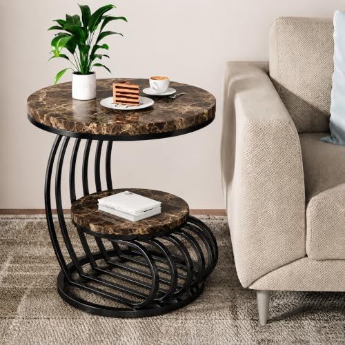 Image of Modern Double-Top Coffee Table with Rustic Farmhouse Accent, Multipurpose Living Room Bedroom, Two-Tier Small Sofa Side Bedside Table with Metal Frame Nightstand (Black Brown Mg)