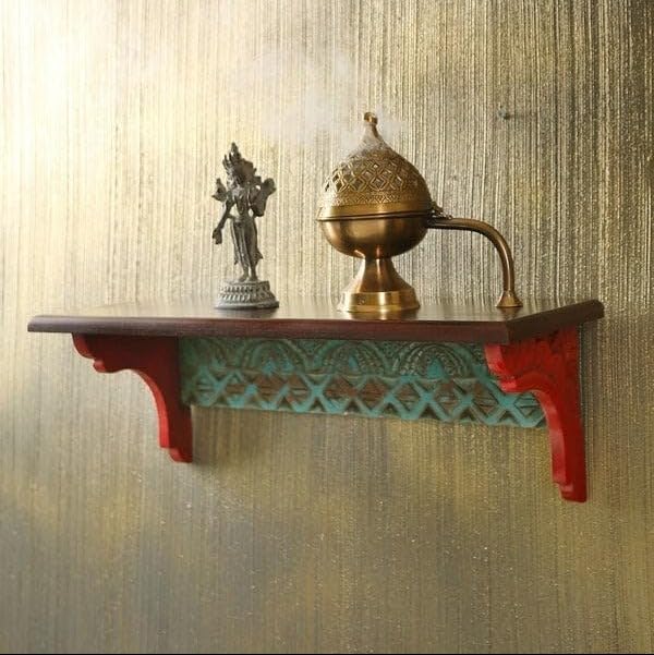 Living Furn INDIA Decorative Mango Wood Wall Shelf, Green and Red Carved Design, 52 x 20 x 19.5 cm-image-25