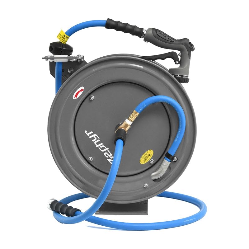Image of Zephyr Auto-Retractable Garden Hose Reel | Heavy-Duty | Made in India | w / 3 /4in x 50ft Zephyr Hose and HD Spray Gun - Grey