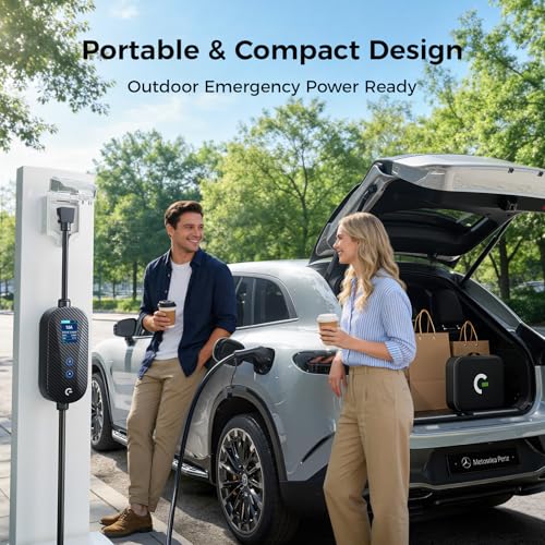 Image of Carbon Fiber Level 1&2 Portable EV Charger, 8-16A Adjustable Current /Timer /Smart Display, NEMA 6-20 & 5-15 Plug, 16FT Charging Cable, Electric Car Charger, J1772 Connector for All SEA J1772 EVs /PHEVs