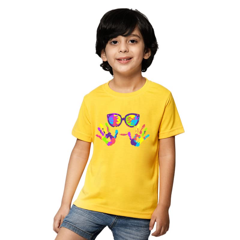 Nusyl Colourful Holi Print Boys Yellow Cotton t-shirt-NUBCTSH0259