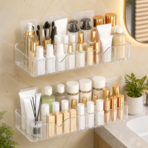 Image of Bathroom Organiser Shelf Suction Use Installation Transparent Pack of 2pcs