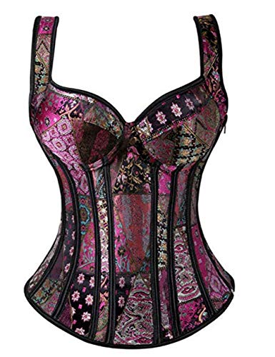 Beverla Women's Gothic Jacquard Shoulder Straps Tank Overbust Corset Bustier Top Pink