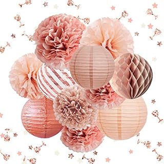 NICROLANDEE Rose Gold Decorations - 12PCS Rose Gold Paper Lanterns Flower Pom Poms with Glitter Confetti for Wedding Bachelorette Engagement Birthday Baby/Bridal Shower Decorations