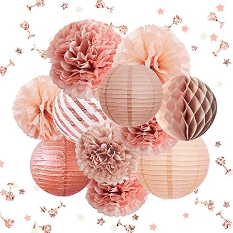 NICROLANDEE Rose Gold Decorations - 12PCS Rose Gold Paper Lanterns Flower Pom Poms with Glitter Confetti for Wedding Bachelorette Engagement Birthday Baby/Bridal Shower Decorations Cover