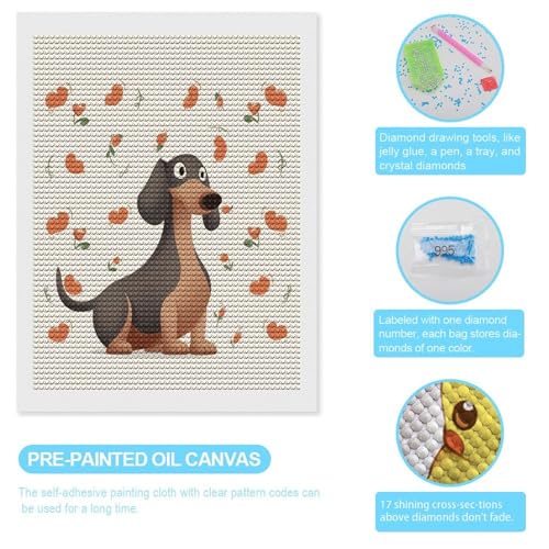 Pintura de diamantes para adultos de perro salchicha, kit de arte de gemas redondas 3
