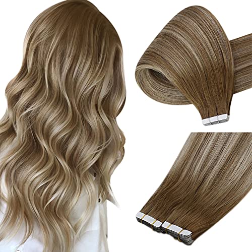 Sunny Tape in Hair Extensions Ombre Human Hair Tape on Real Hair Extensions Balayage Medium Brown Ombre Light Blonde Hair Extensions Tape in Human Hair Brown to Blonde Extensions 50g 20pcs 18in