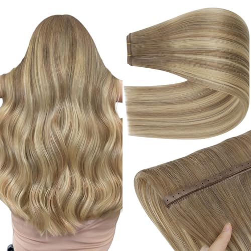 Image of YoungSee 100g Butterfly Weft Hair Extensions Human Hair, 20 Inch Balayage Butterfly Hair Extensions for Women, Light Brown Balayage Platinum Blonde, OVO Weft Extensions Long Straight Hair