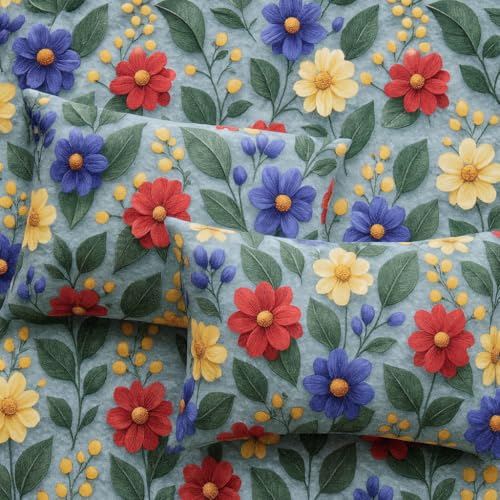 Image of RUMPS 380 TC Premium Heavy Cotton 7D Print Fast Colour Feel Elastic Fitted Floral Bedsheet King Size with 2 Pillow Covers || (Blue Muti, Fitted - 72 inchx78 inch King)